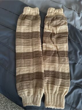 Striped Knit Leg Warmers - Beige & Brown